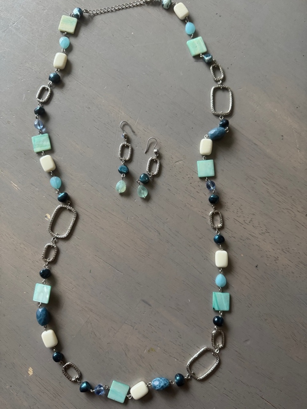 Lia Sophia Beaded Aqua and Ivory Long Necklace with Matching Earrings